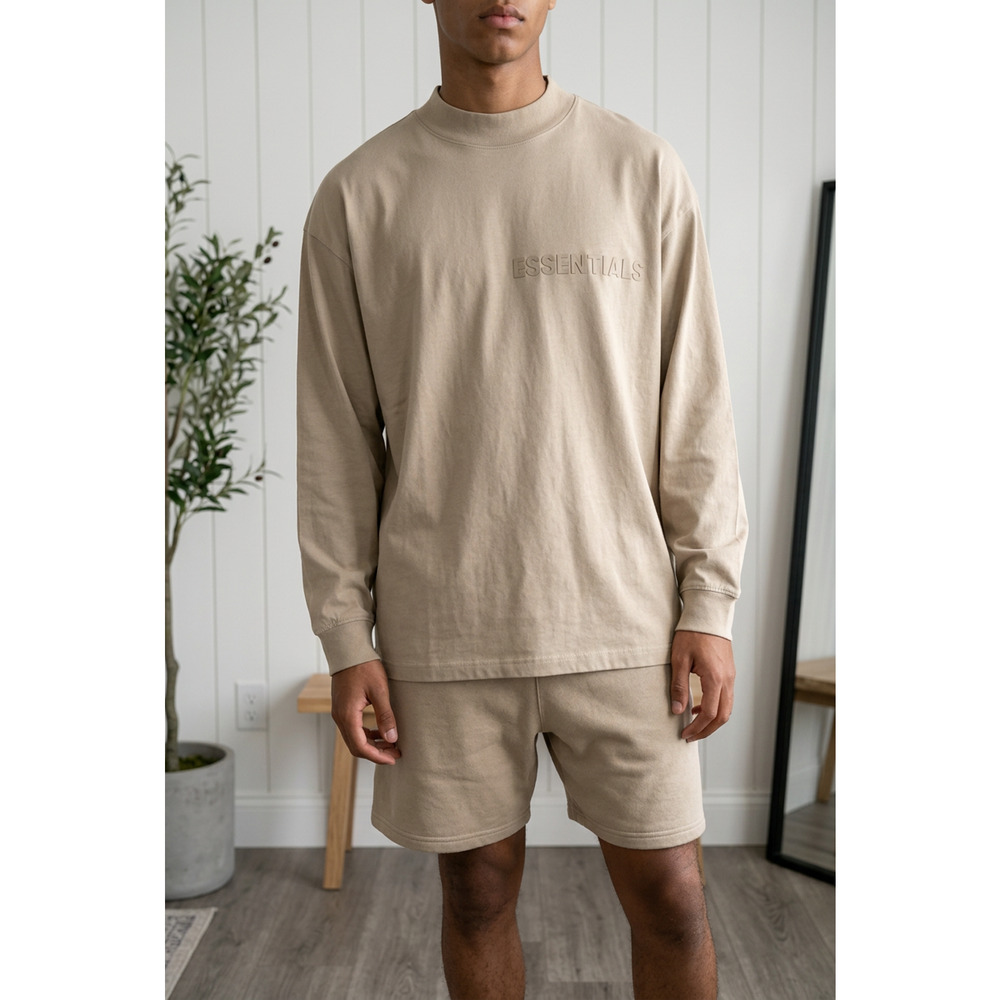 ESSENTIAL Fear of God Long Sleeve T-Shirt Men's XL Beige Embossed Logo NWT